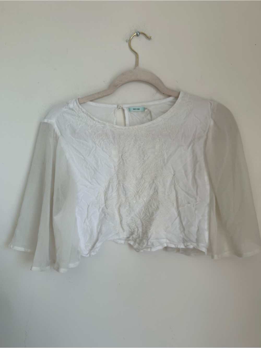 White Embroidered Sheer Sleeve Crop Top Kimchi blue
